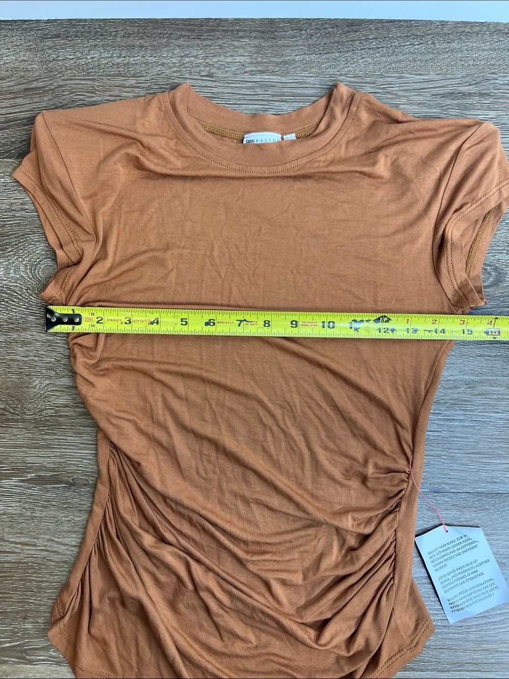 ASOS Design Ruched Side Top Brown Fitted Tee Shoulder Pads NWT Size S - Picture 7 of 8